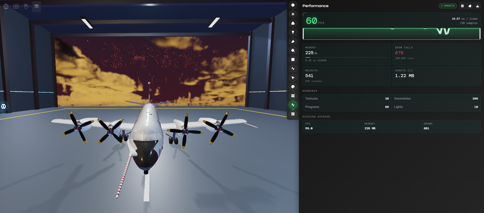 A 3DRise scene running at 60 FPS with the studio performance panel open